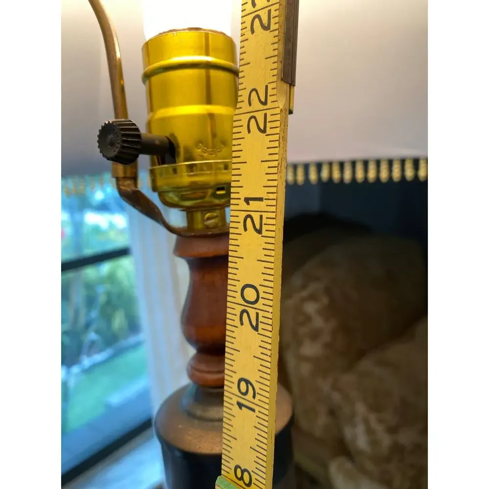 vintage turned-wood table lamp wooden column, paired with shade vintage satin
